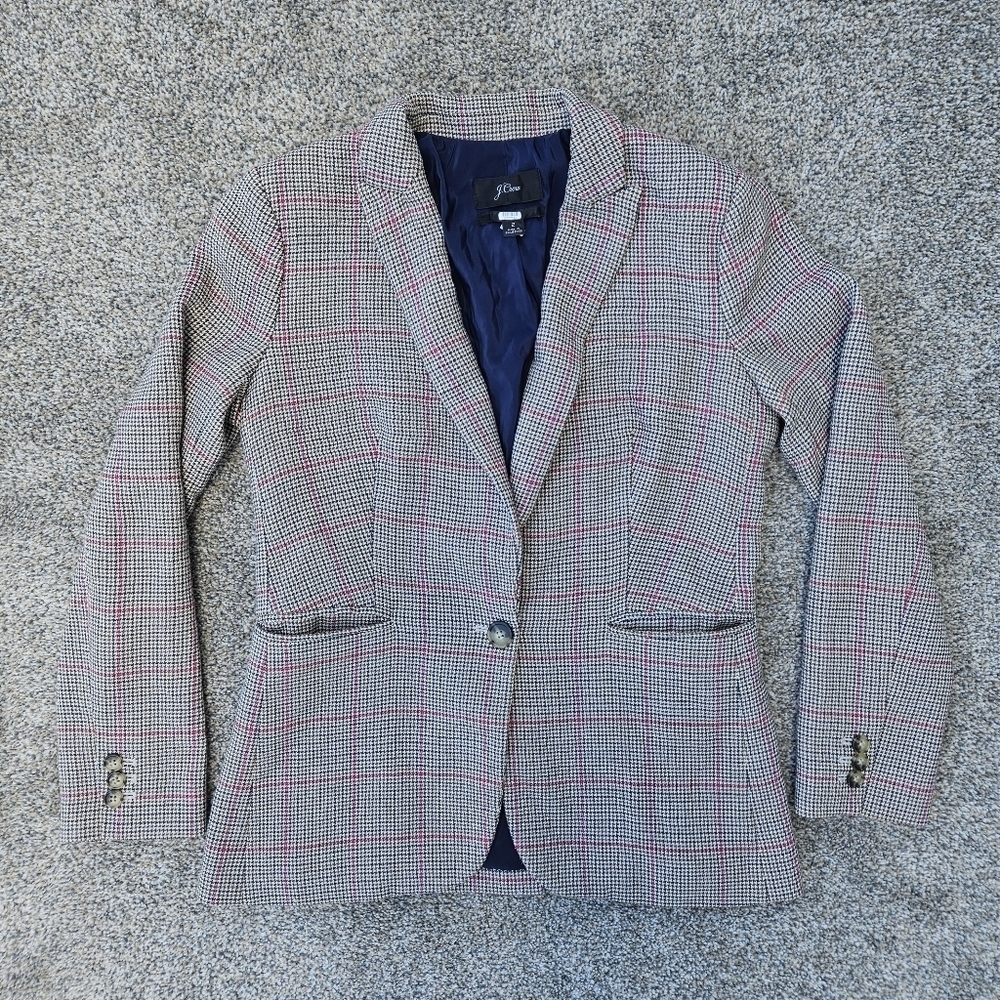 J. Crew Blazer Houndstooth Plaid Button Up Coat Academia Tan Blue Womens Size 2